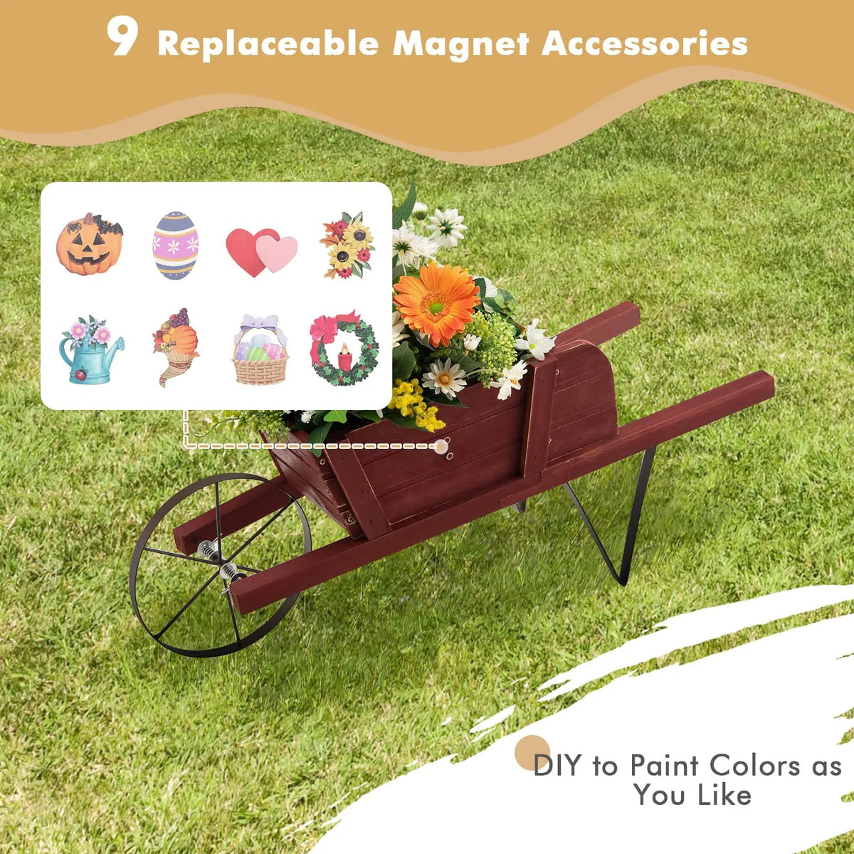 Wooden Wagon Planter with 9 Magnetic Accessories for Garden Yard, photo 8 of 8