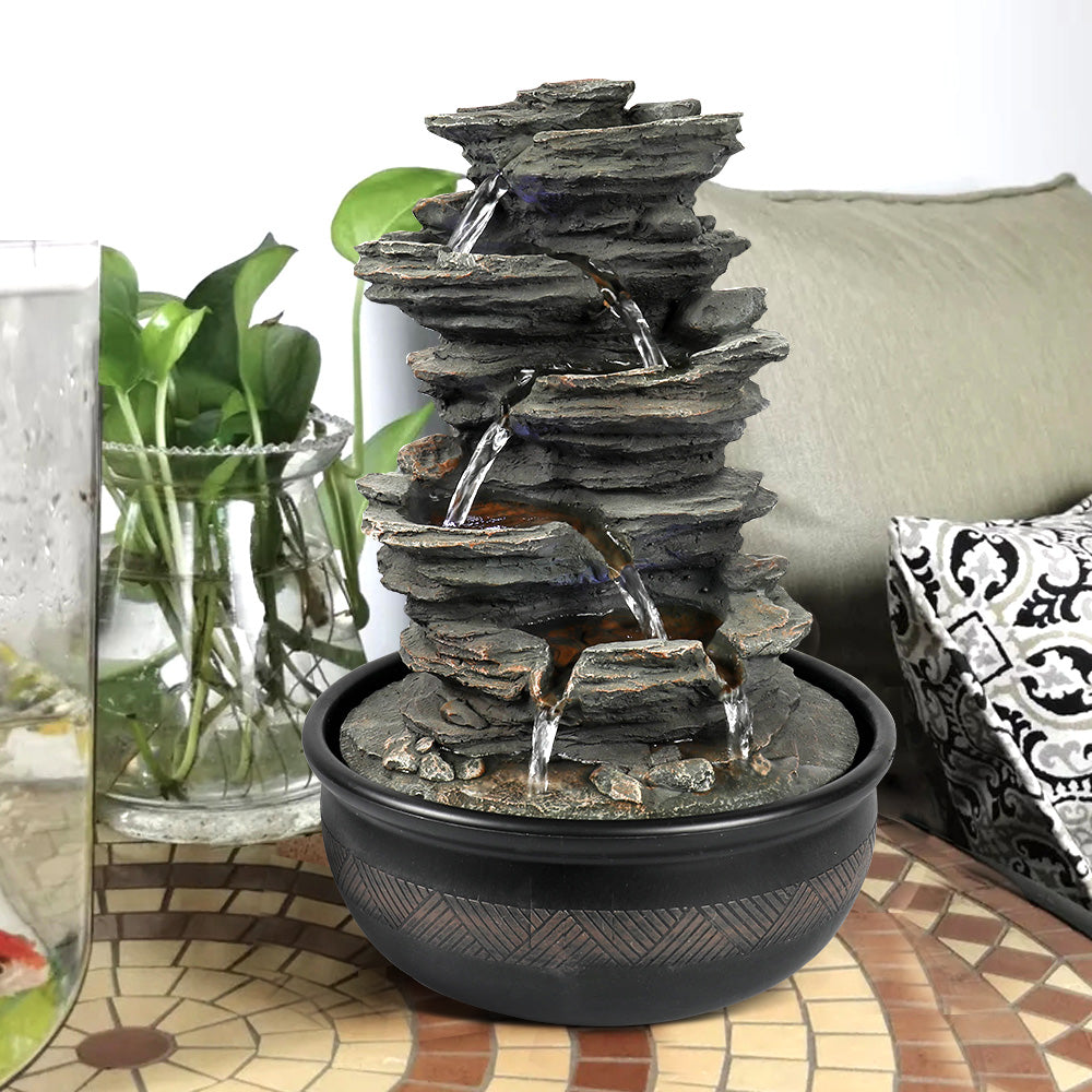 Resin 6 Tier Slate Tabletop Water Fountain 15 Inch LED, photo 4 of 12