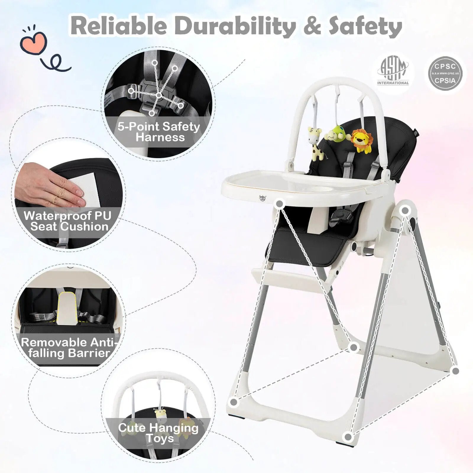 4-in-1 Foldable Baby High Chair with 7 Adjustable Heights and Free Toys Bar by DirectDeals