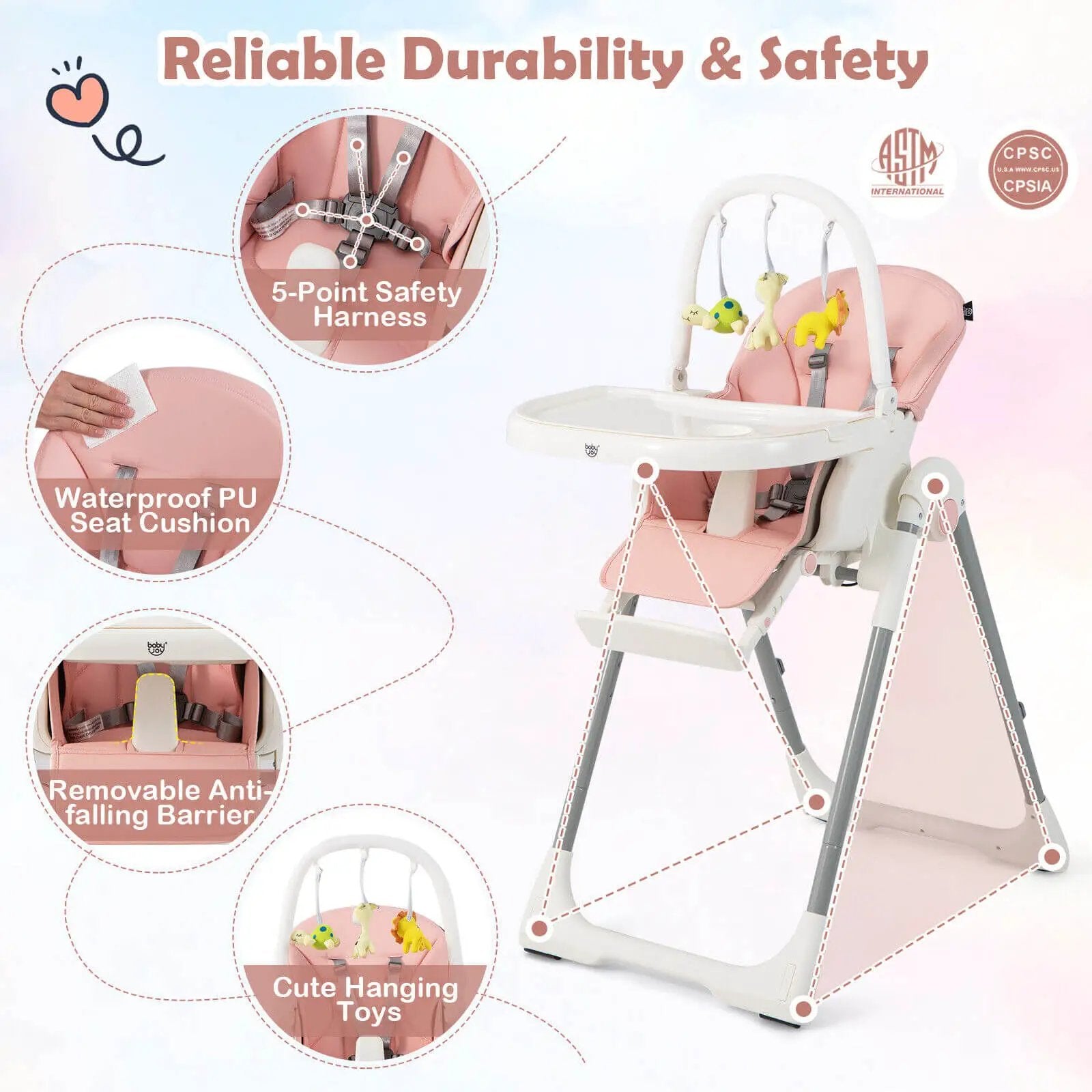 4-in-1 Foldable Baby High Chair with 7 Adjustable Heights and Free Toys Bar by DirectDeals