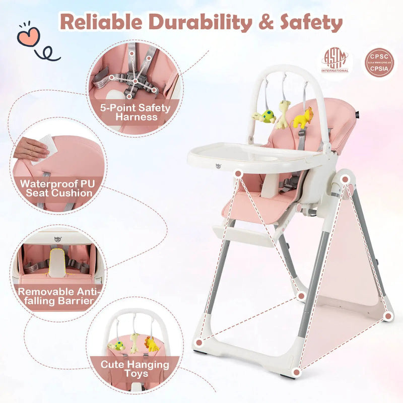 4-in-1 Foldable Baby High Chair with 7 Adjustable Heights and Free Toys Bar by DirectDeals