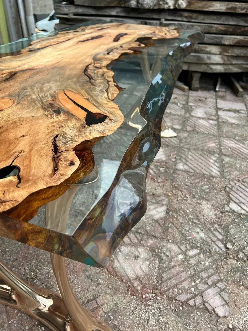 Natural Epoxy Side Dining Table Made Of Linden Wood | Aluminum Legs Featured, photo 7 of 7