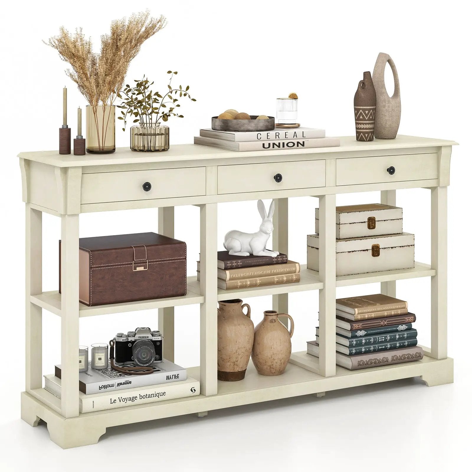 58 Inch Retro Console Table with 3 Drawers and Open Shelves Rectangular Entryway Table by DirectDeals