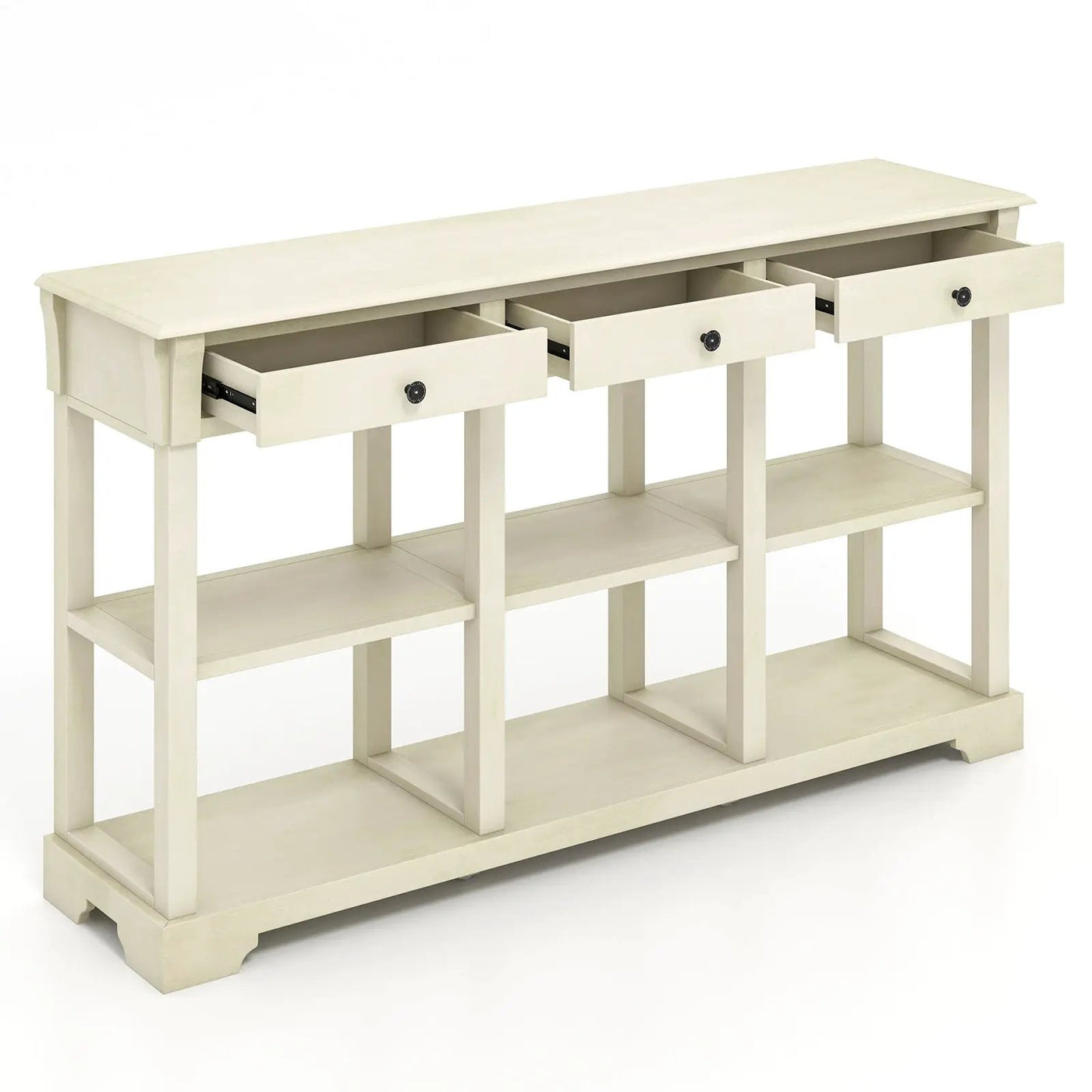 58 Inch Retro Console Table with 3 Drawers and Open Shelves Rectangular Entryway Table by DirectDeals
