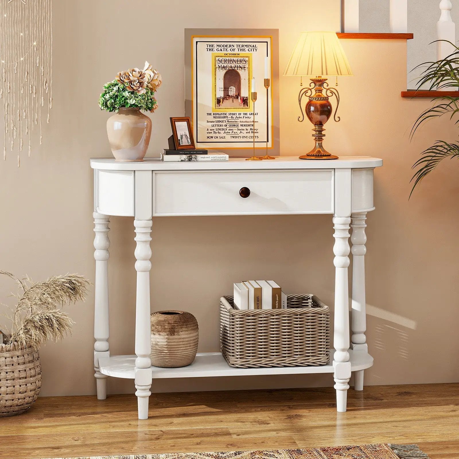 Retro Console Table 36"L Wooden 2-Tier Narrow Behind Couch Foyer Table by DirectDeals