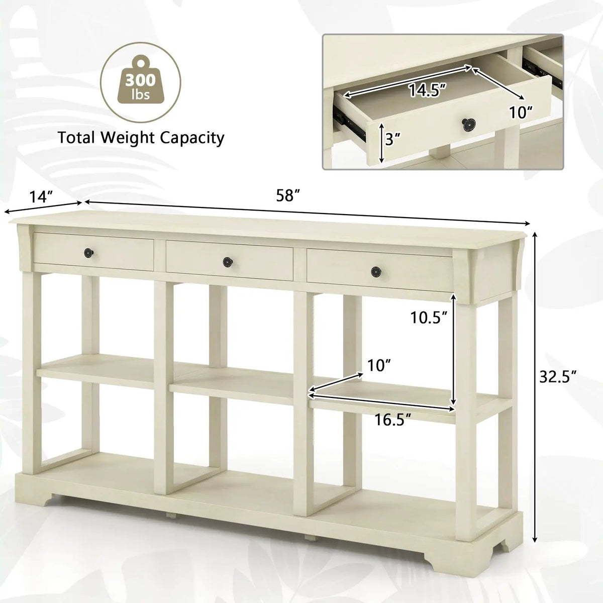 58 Inch Retro Console Table with 3 Drawers and Open Shelves Rectangular Entryway Table by DirectDeals
