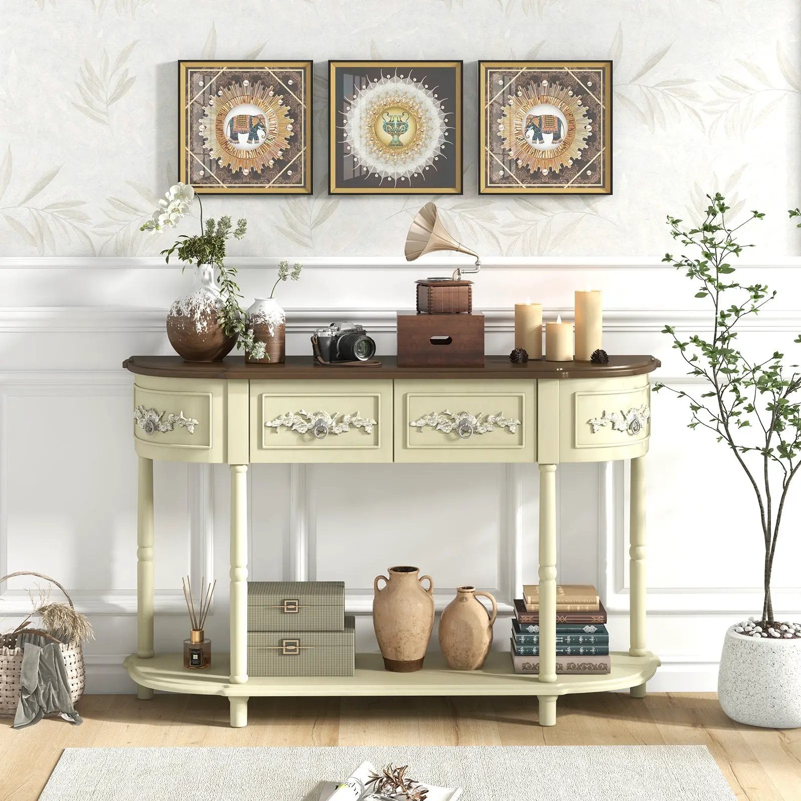 Retro Curved Console Table with Drawers and Solid Wood Legs-Beige by DirectDeals