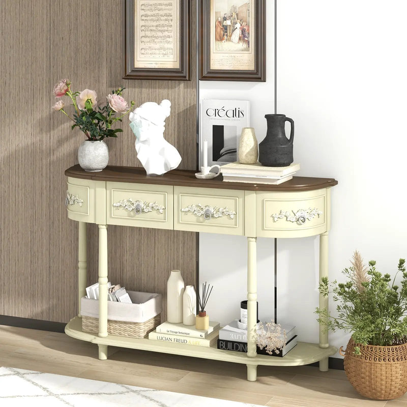 Retro Curved Console Table with Drawers and Solid Wood Legs-Beige by DirectDeals