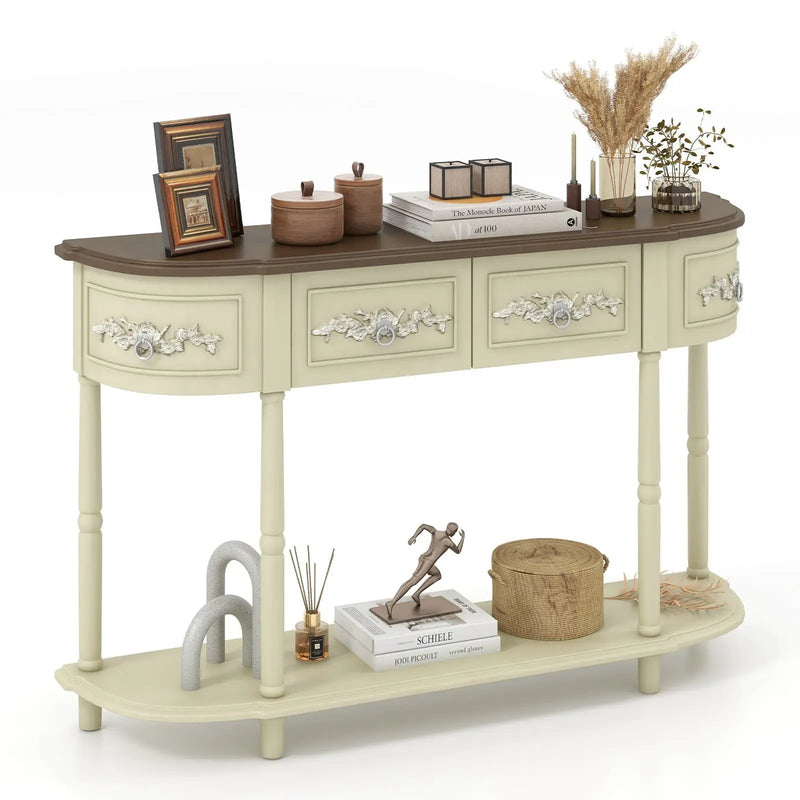Retro Curved Console Table with Drawers and Solid Wood Legs-Beige by DirectDeals