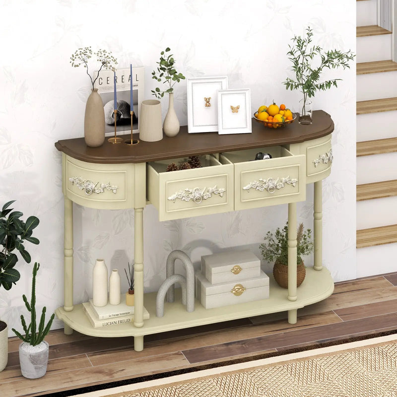 Retro Curved Console Table with Drawers and Solid Wood Legs-Beige by DirectDeals