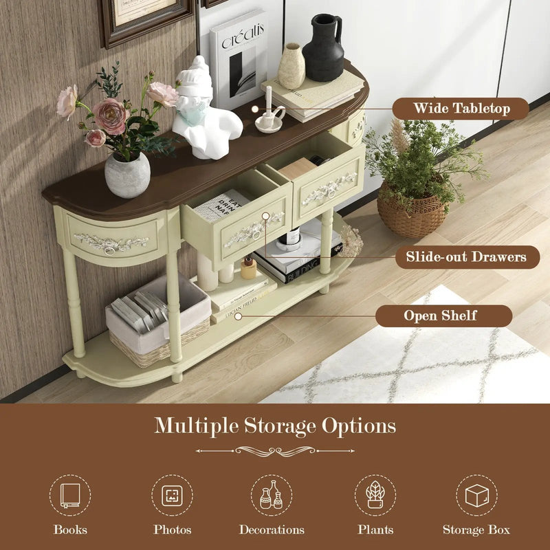 Retro Curved Console Table with Drawers and Solid Wood Legs-Beige by DirectDeals