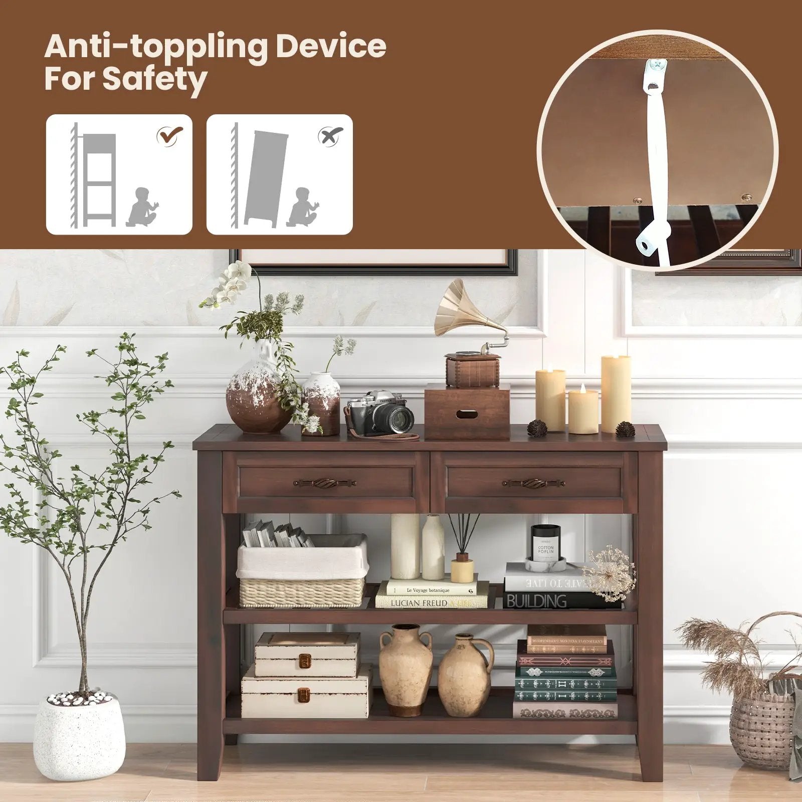 3-tier Console Table with 2 Drawers for Living Room Entryway by DirectDeals