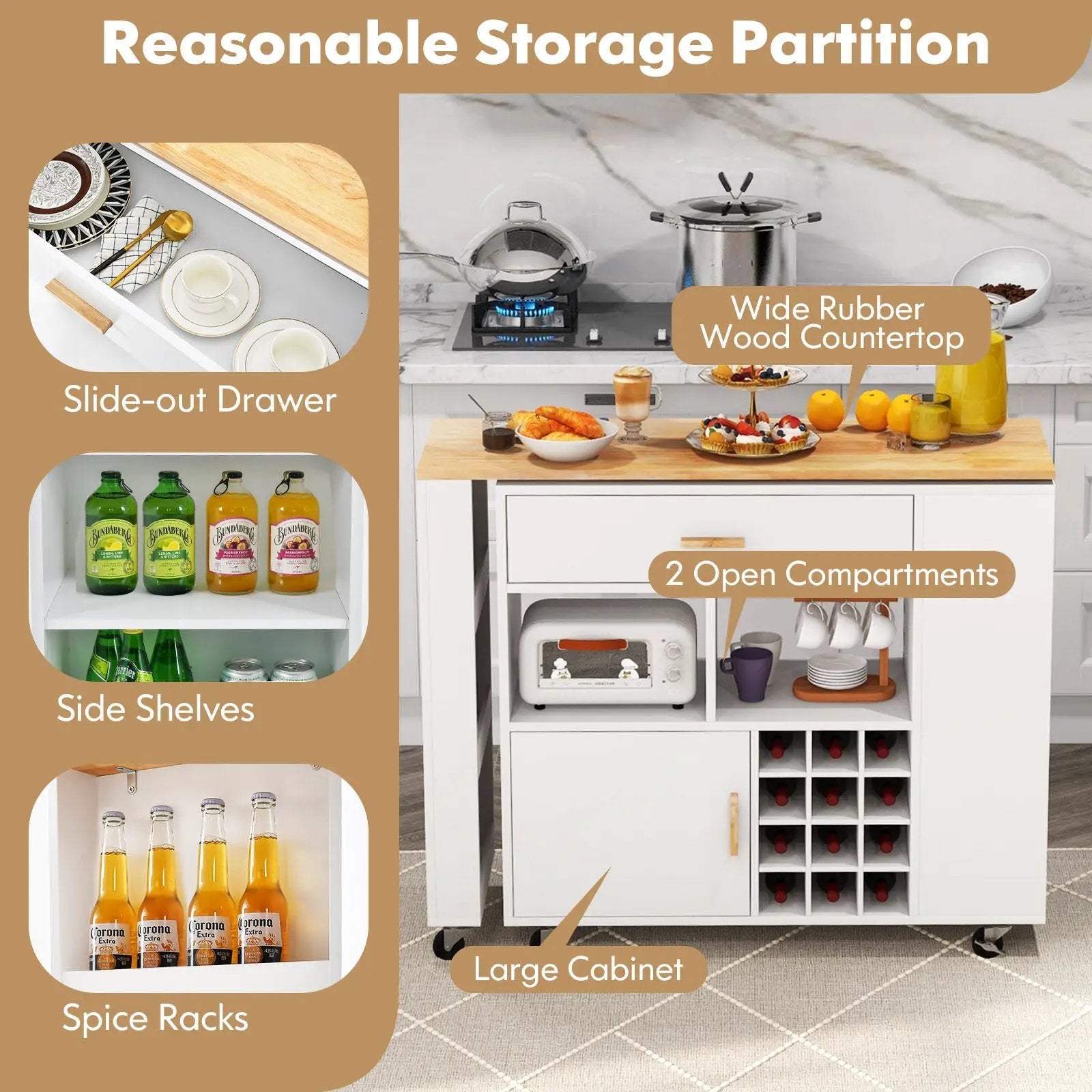 Reversible Folding Kitchen Island Cart with Wine Rack and Spice Rack by DirectDeals
