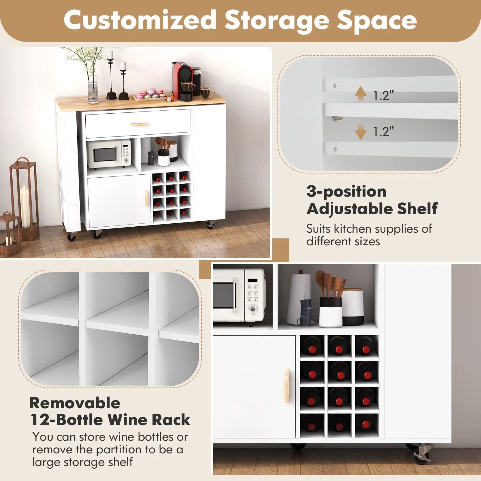 Reversible Folding Kitchen Island Cart with Wine Rack and Spice Rack by DirectDeals