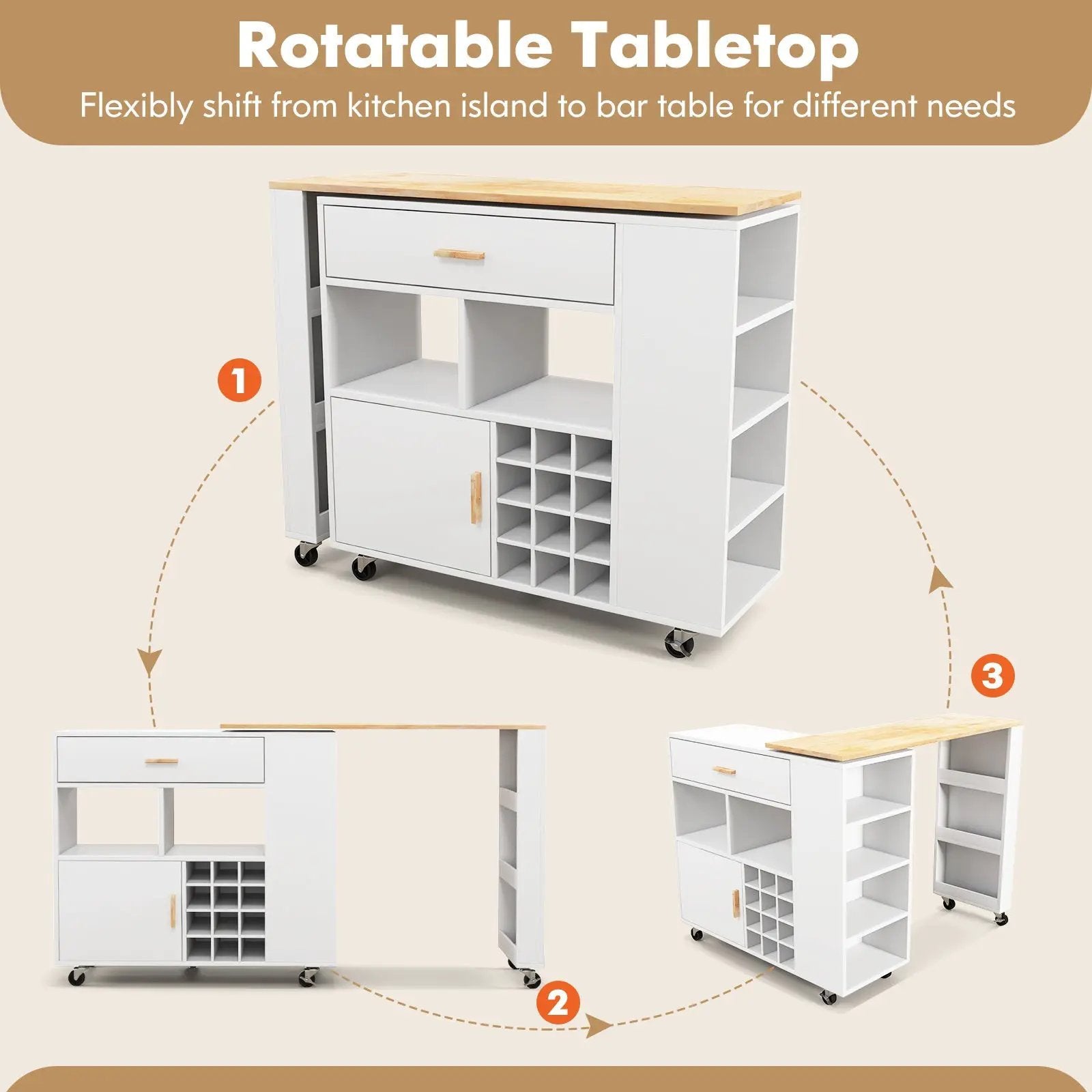 Reversible Folding Kitchen Island Cart with Wine Rack and Spice Rack by DirectDeals