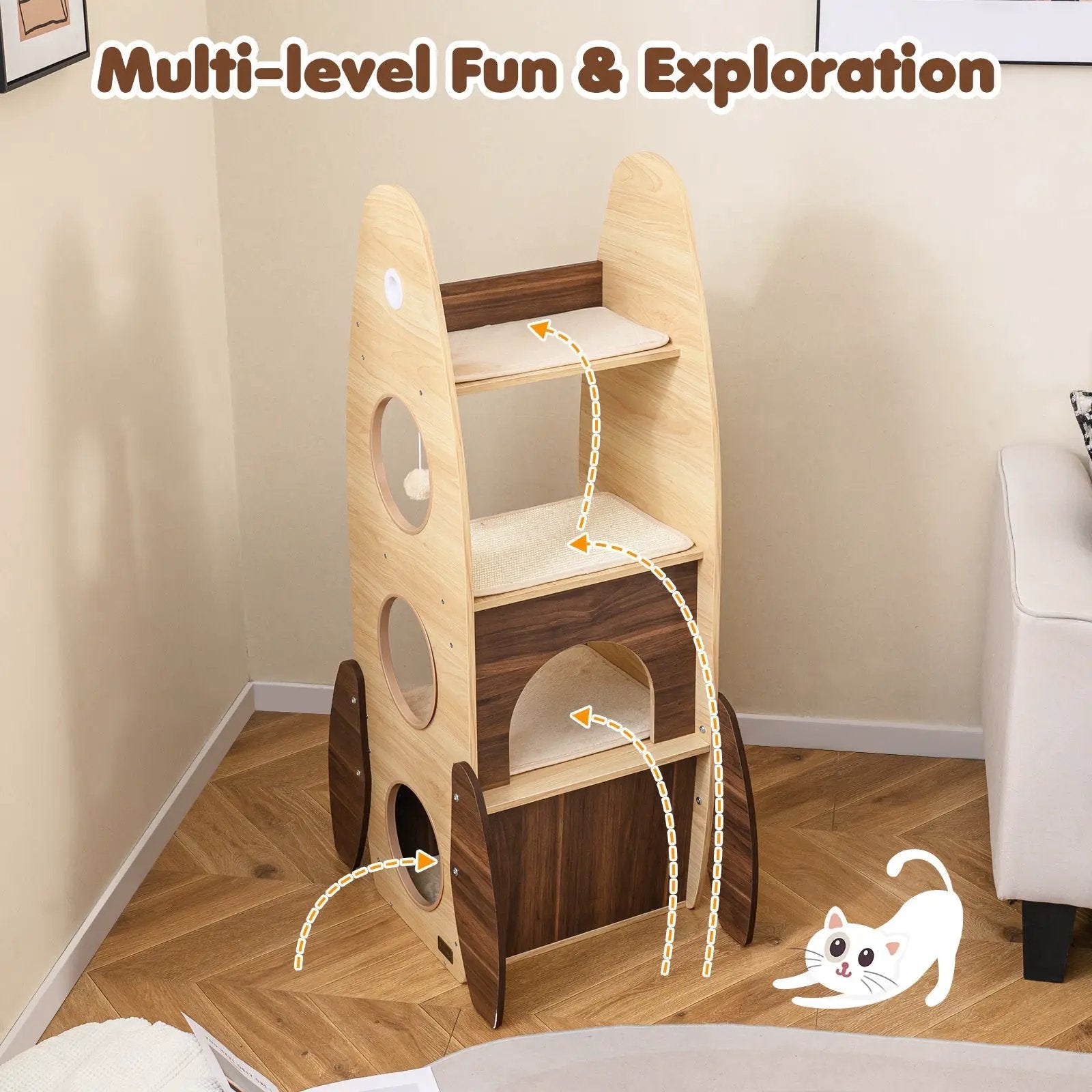 Rocket Cat Tree 47 Inch Large Wooden Cat Tower for Indoor Cats-Natural by DirectDeals