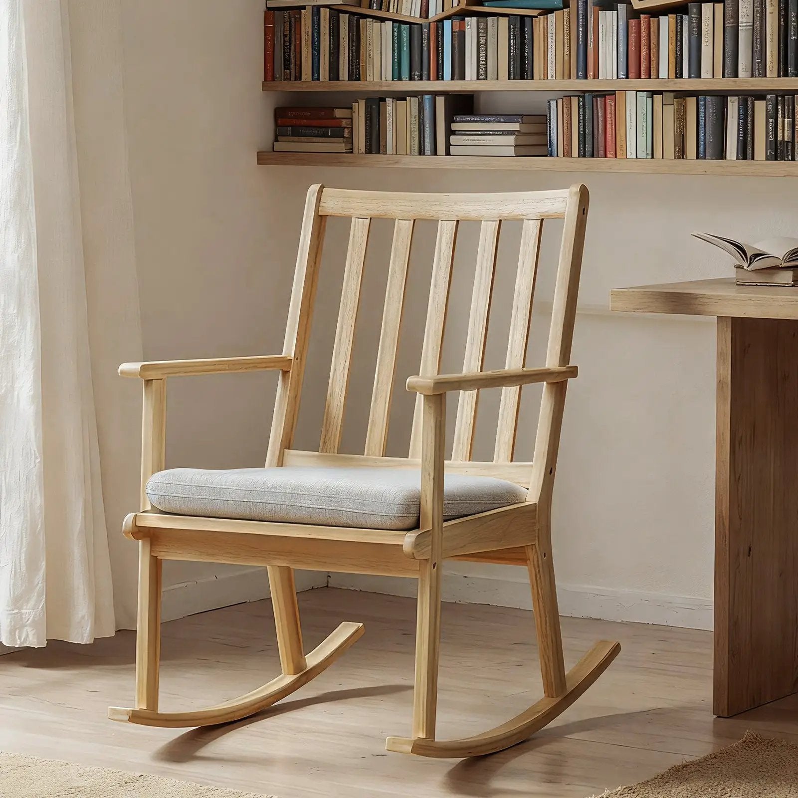 Rocking Chair with Cushion Solid Rubber Wood Rocker with Padded Seat-Natural by DirectDeals