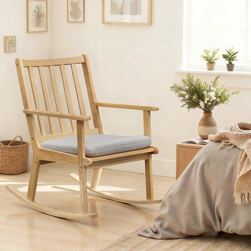 Rocking Chair with Cushion Solid Rubber Wood Rocker with Padded Seat-Natural by DirectDeals