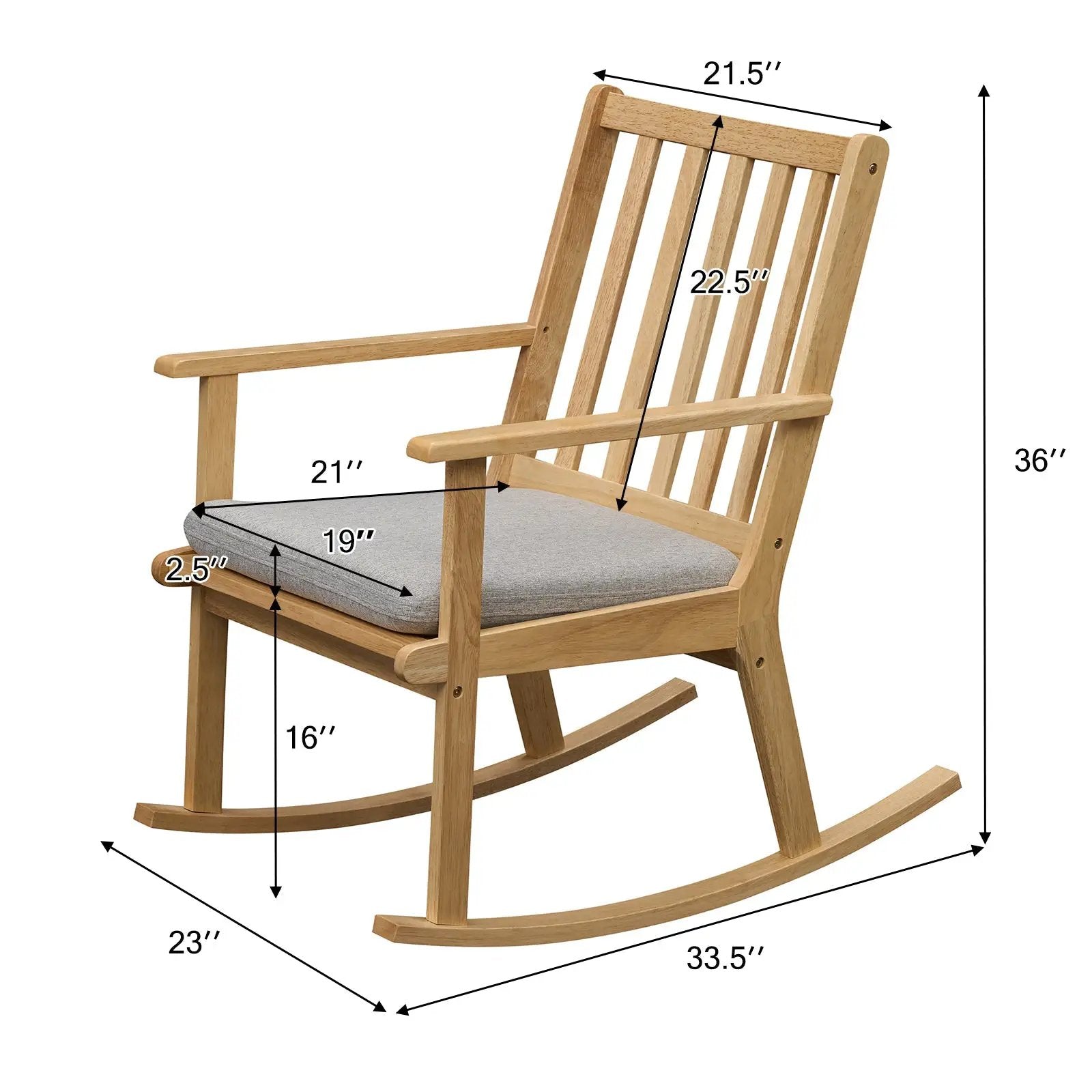 Rocking Chair with Cushion Solid Rubber Wood Rocker with Padded Seat-Natural by DirectDeals