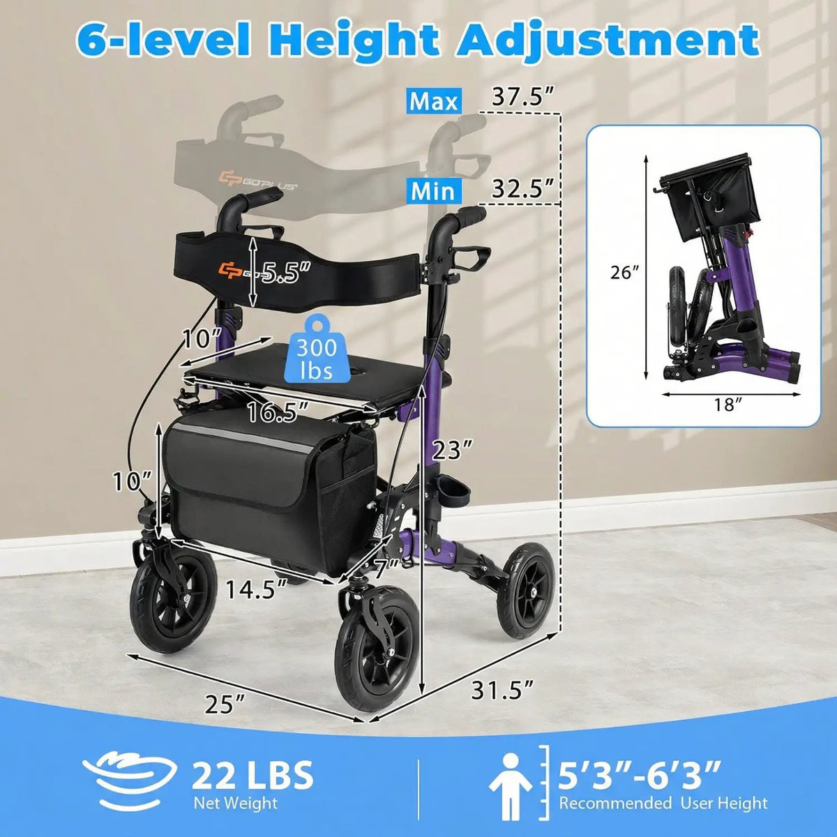 Rollator Walker for Seniors Folding Rolling Walker with Seat, photo 7 of 24