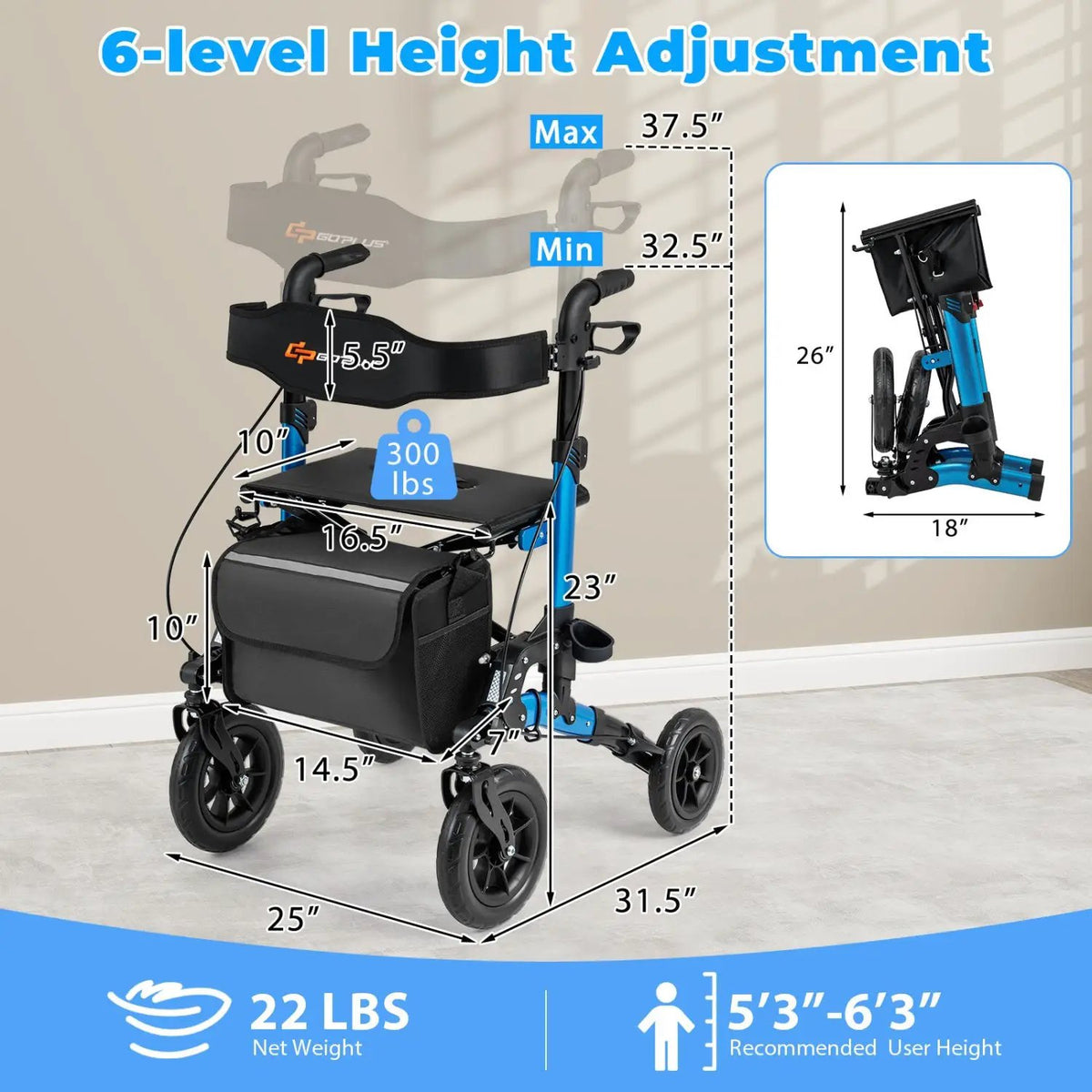 Rollator Walker for Seniors Folding Rolling Walker with Seat, photo 12 of 24