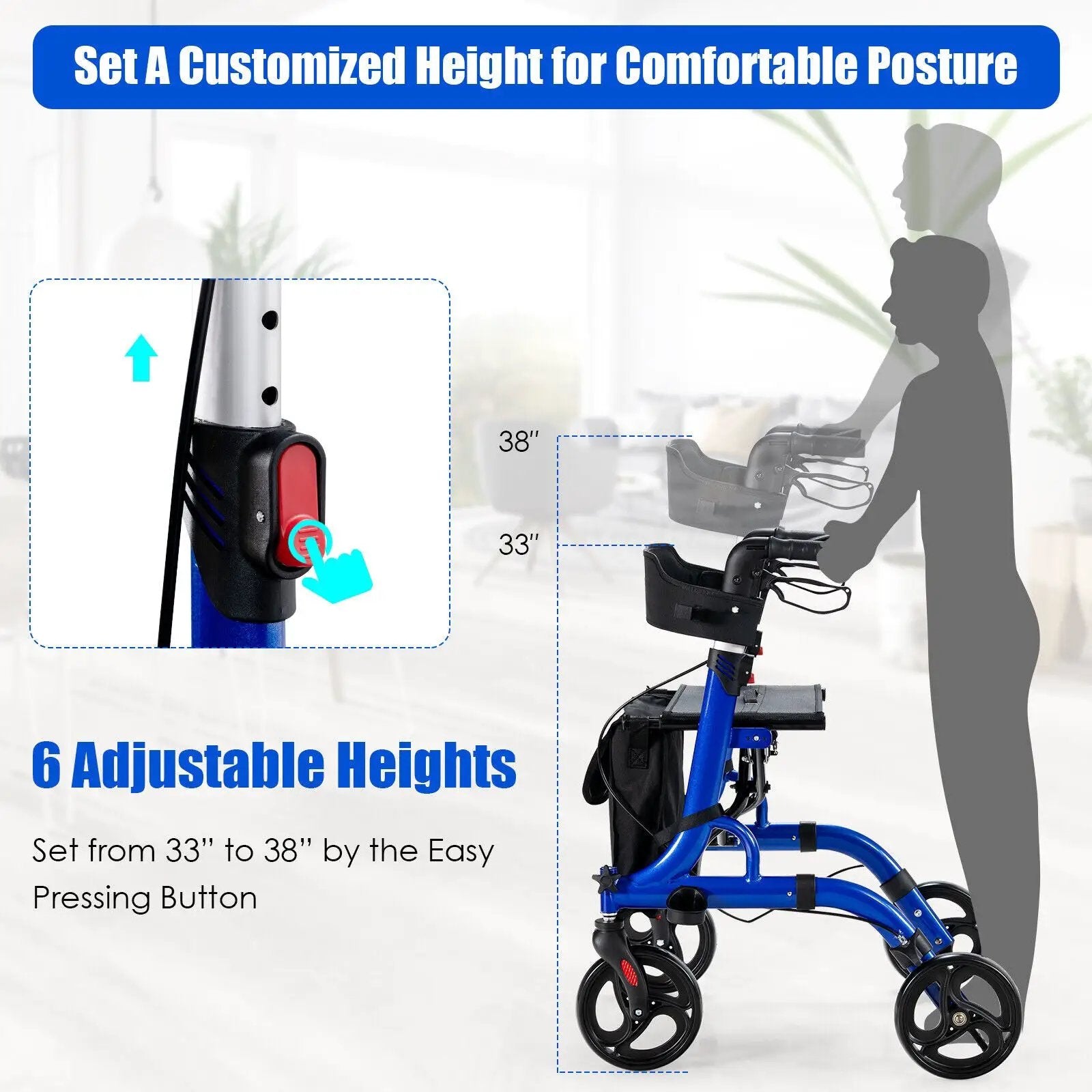 Folding Aluminum Rollator Walker with 8 inch Wheels and Seat by DirectDeals