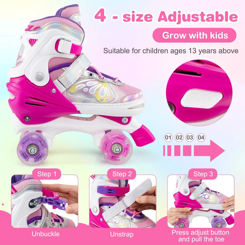 Roller Skates for Teens 4 Sizes Adjustable with Light-up Wheels for Boys Girls Ages 13+ by DirectDeals