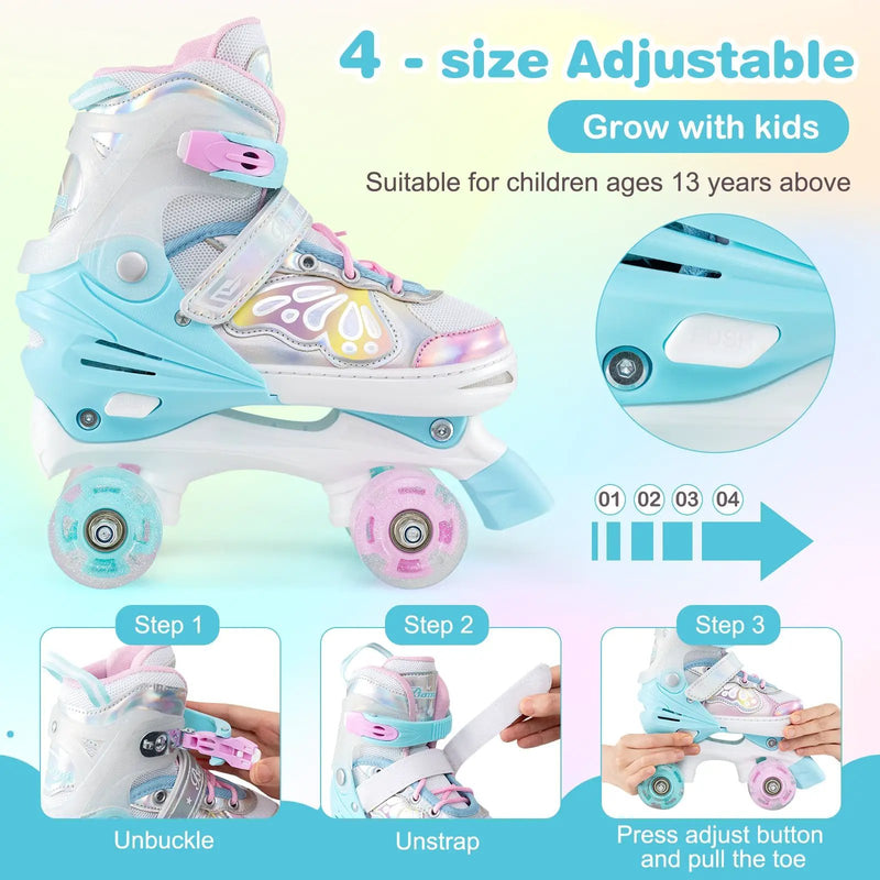 Roller Skates for Teens 4 Sizes Adjustable with Light-up Wheels for Boys Girls Ages 13+ by DirectDeals