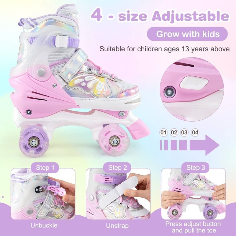 Roller Skates for Teens 4 Sizes Adjustable with Light-up Wheels for Boys Girls Ages 13+ by DirectDeals
