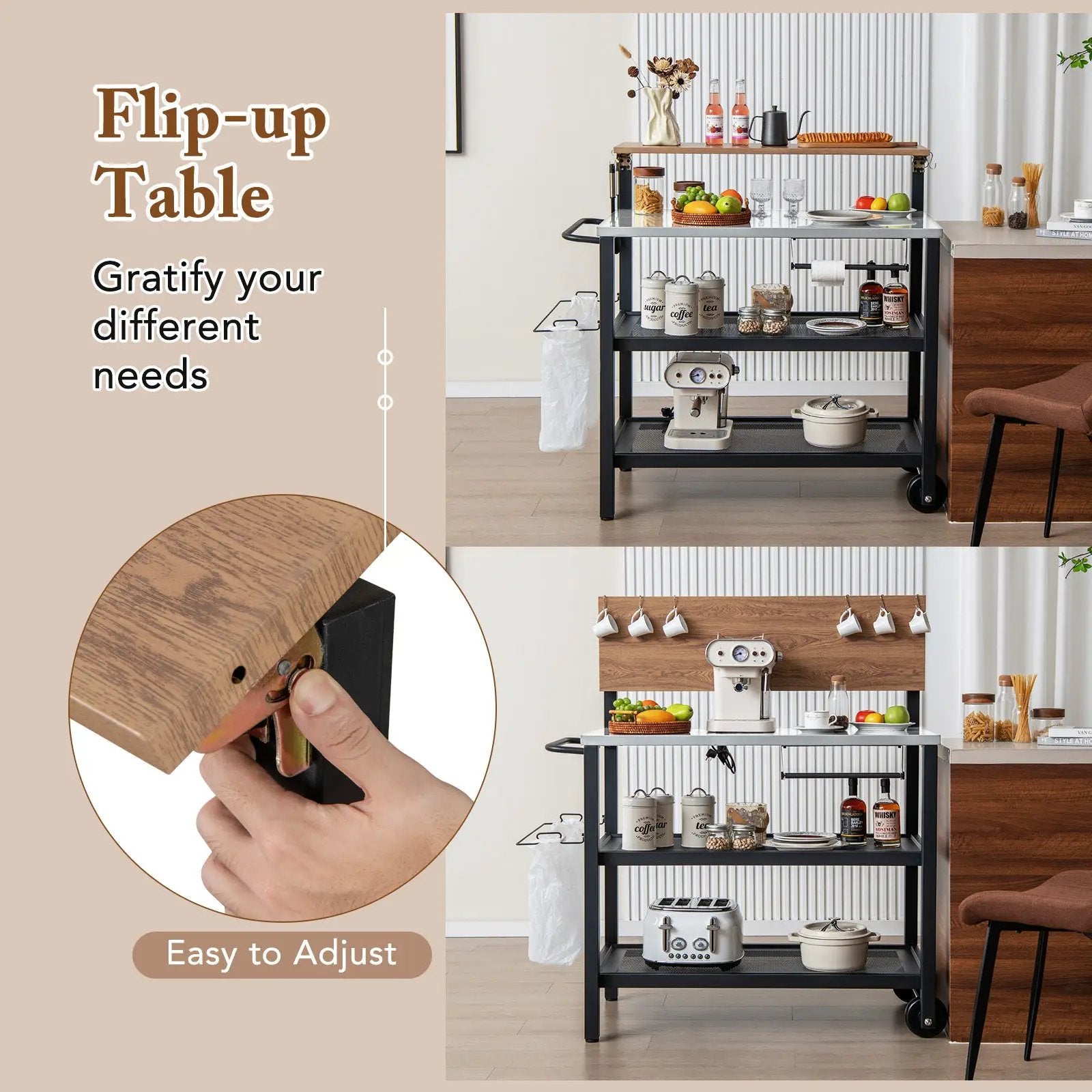 Rolling Bar Cart with Flip-up Table and Hooks for Kitchen by DirectDeals
