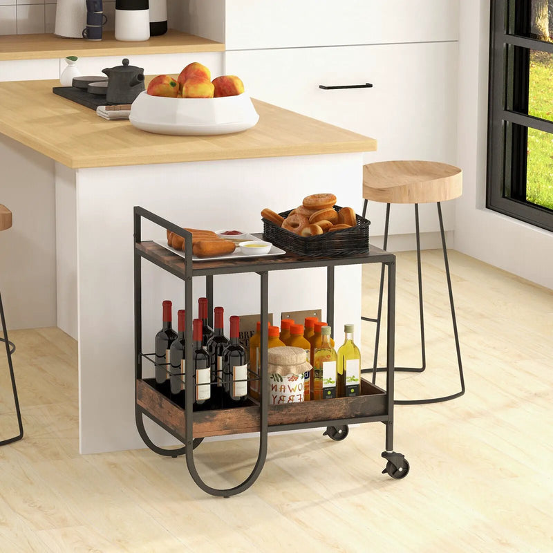 Rolling Buffet Serving Cart with Removable Metal Wire Wine Rack-Brown by DirectDeals