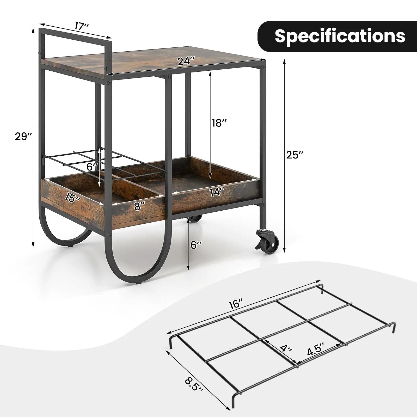 Rolling Buffet Serving Cart with Removable Metal Wire Wine Rack-Brown by DirectDeals