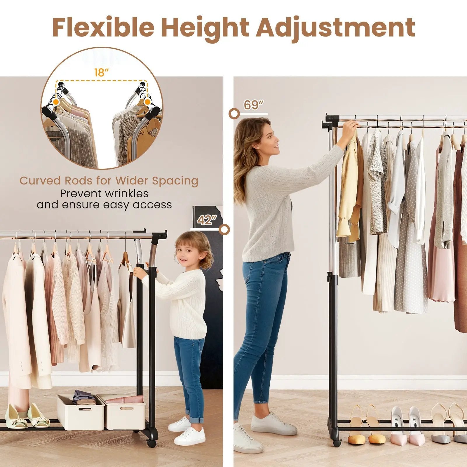Rolling Clothes Rack Double Rod Garment Rack with Adjustable Height by DirectDeals
