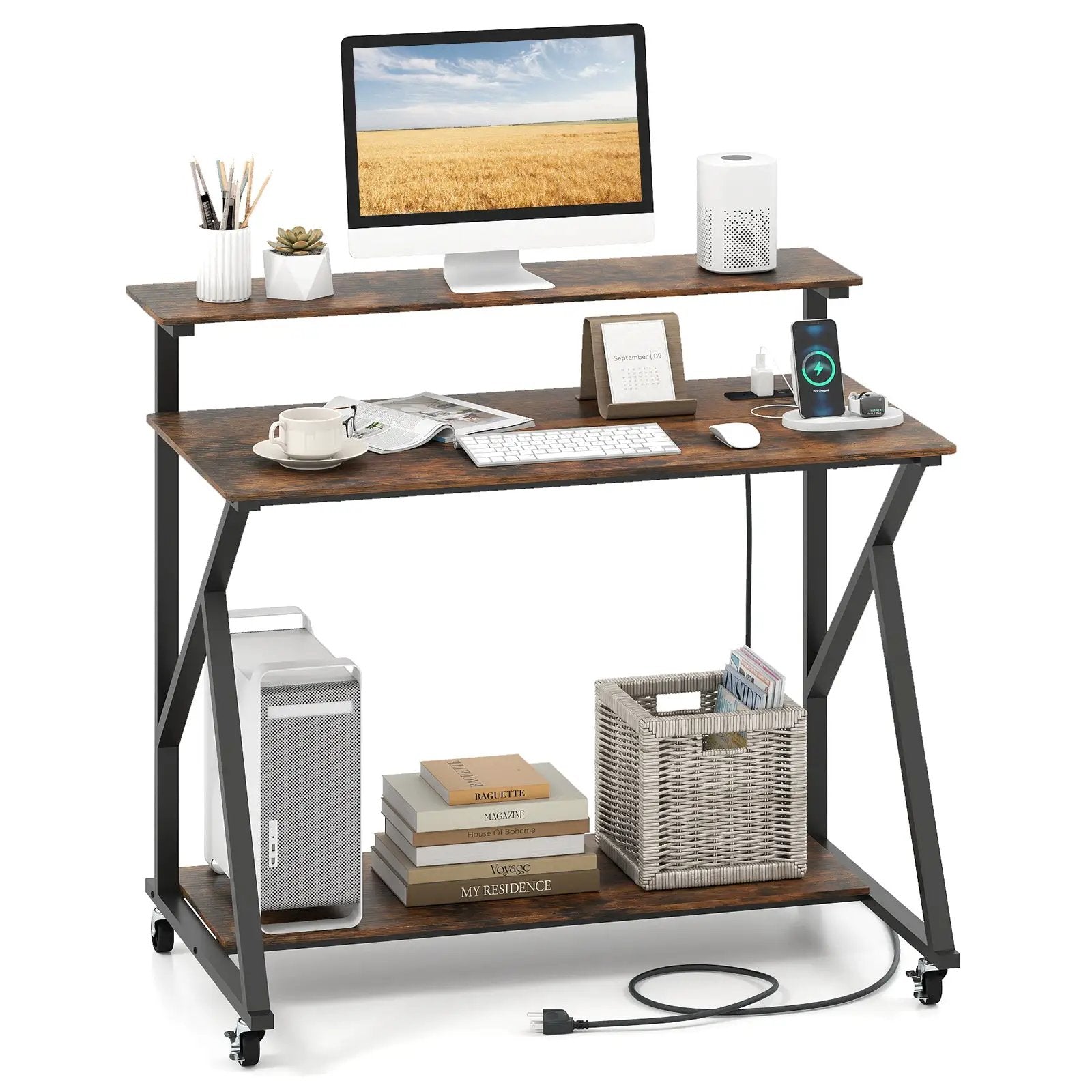 Rolling Computer Desk with Charging Station and Monitor Shelf Storage for Home Office by DirectDeals