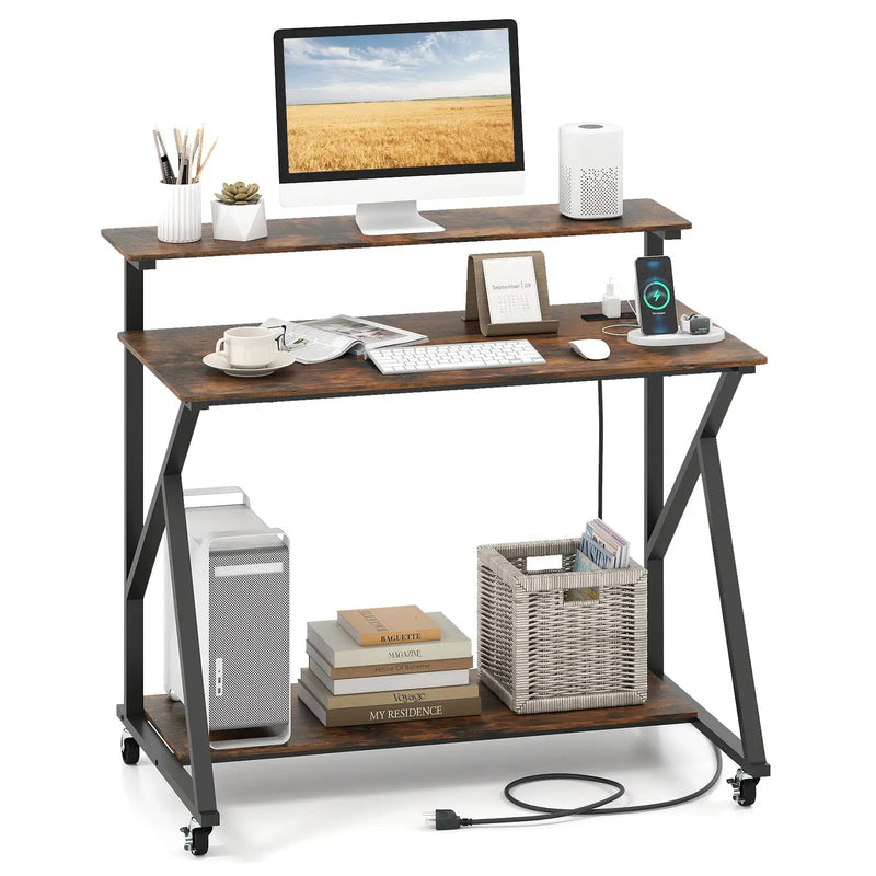 Rolling Computer Desk with Charging Station and Monitor Shelf Storage for Home Office by DirectDeals