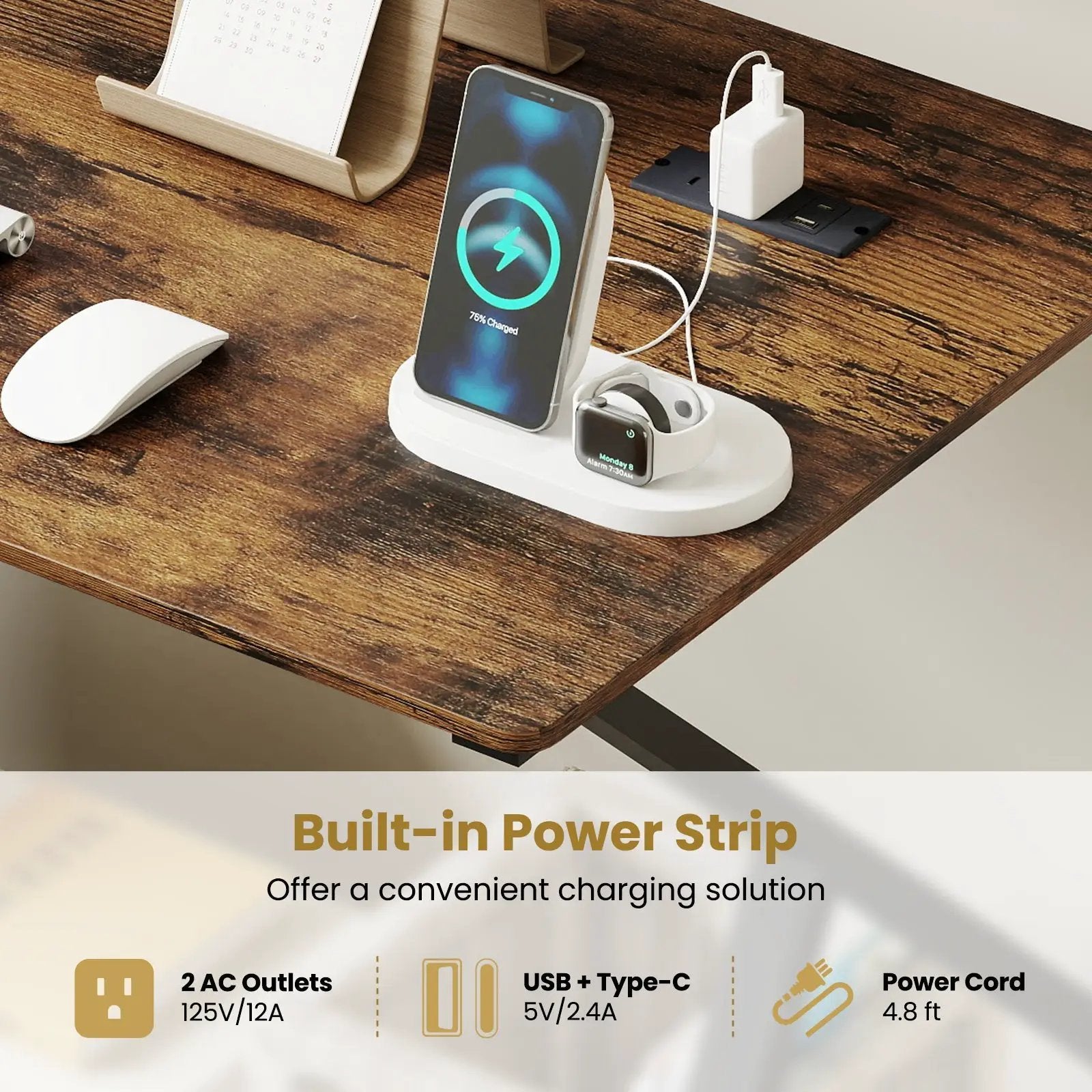 Rolling Computer Desk with Charging Station and Monitor Shelf Storage for Home Office by DirectDeals
