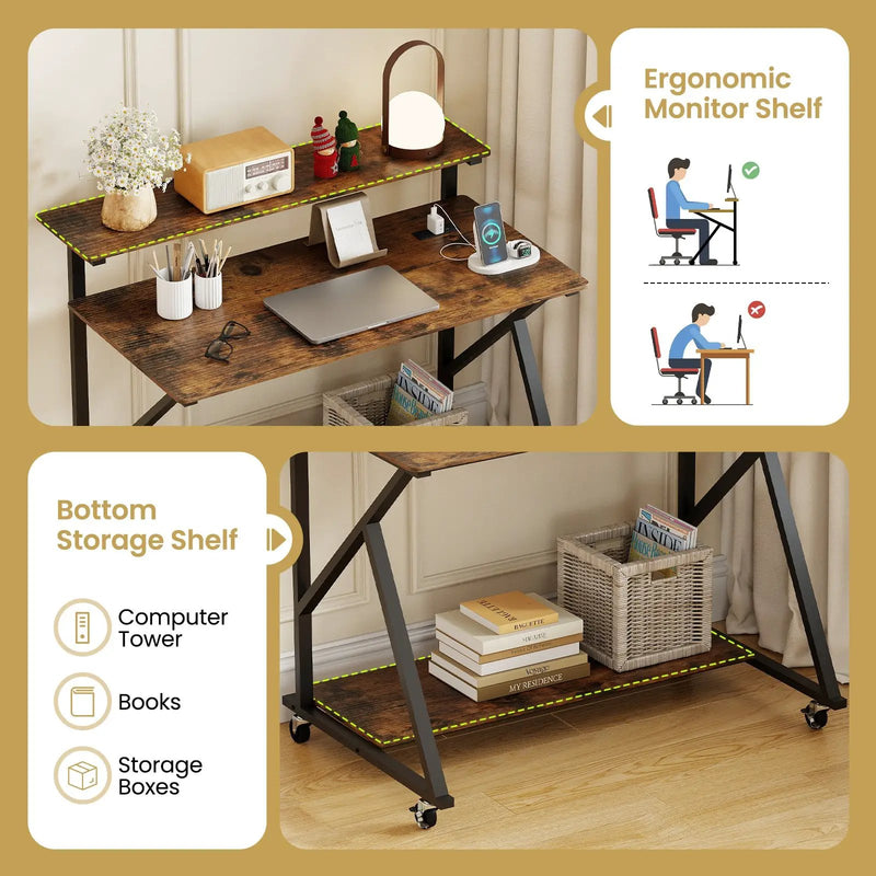 Rolling Computer Desk with Charging Station and Monitor Shelf Storage for Home Office by DirectDeals