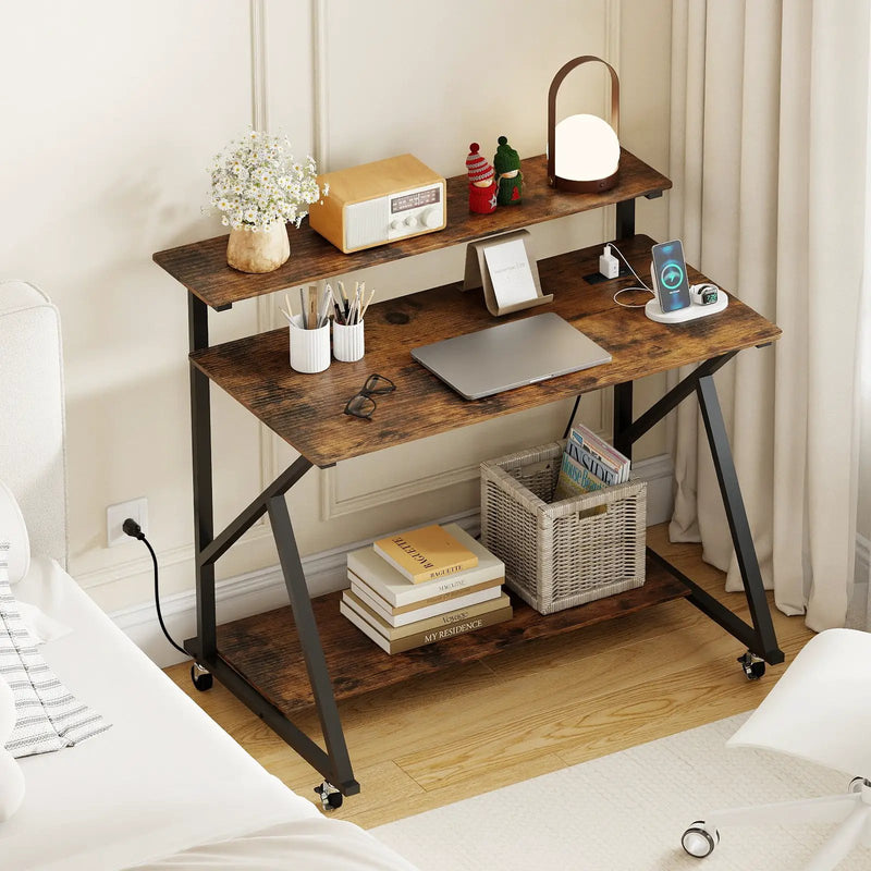 Rolling Computer Desk with Charging Station and Monitor Shelf Storage for Home Office by DirectDeals