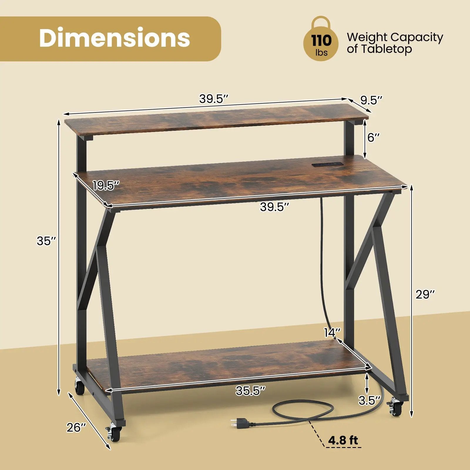 Rolling Computer Desk with Charging Station and Monitor Shelf Storage for Home Office by DirectDeals