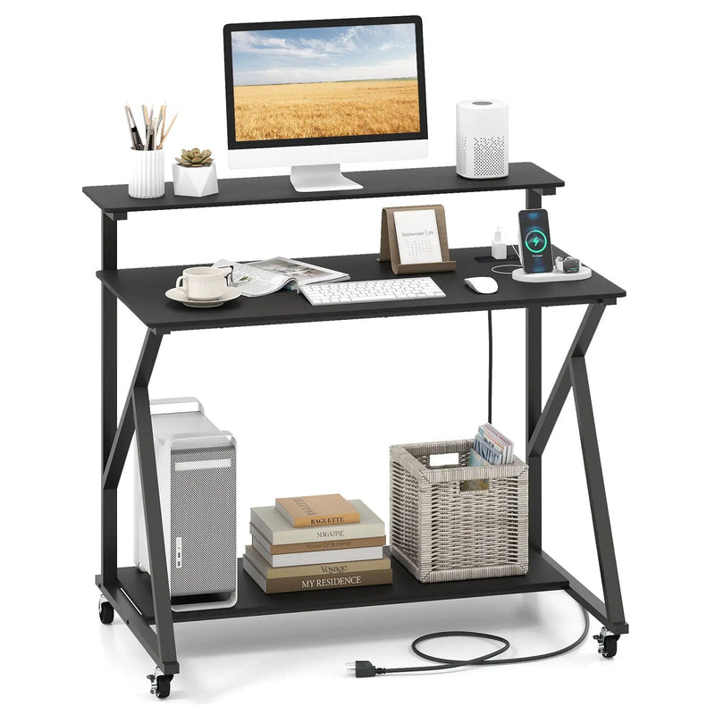 Rolling Computer Desk with Charging Station and Monitor Shelf Storage for Home Office by DirectDeals