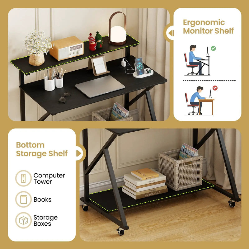 Rolling Computer Desk with Charging Station and Monitor Shelf Storage for Home Office by DirectDeals