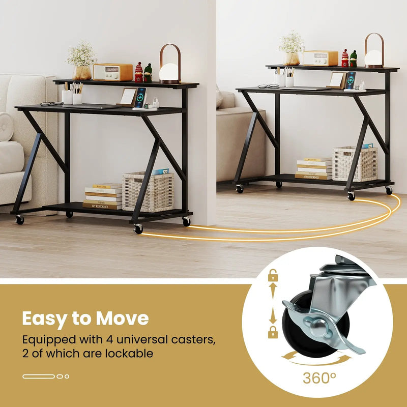 Rolling Computer Desk with Charging Station and Monitor Shelf Storage for Home Office by DirectDeals