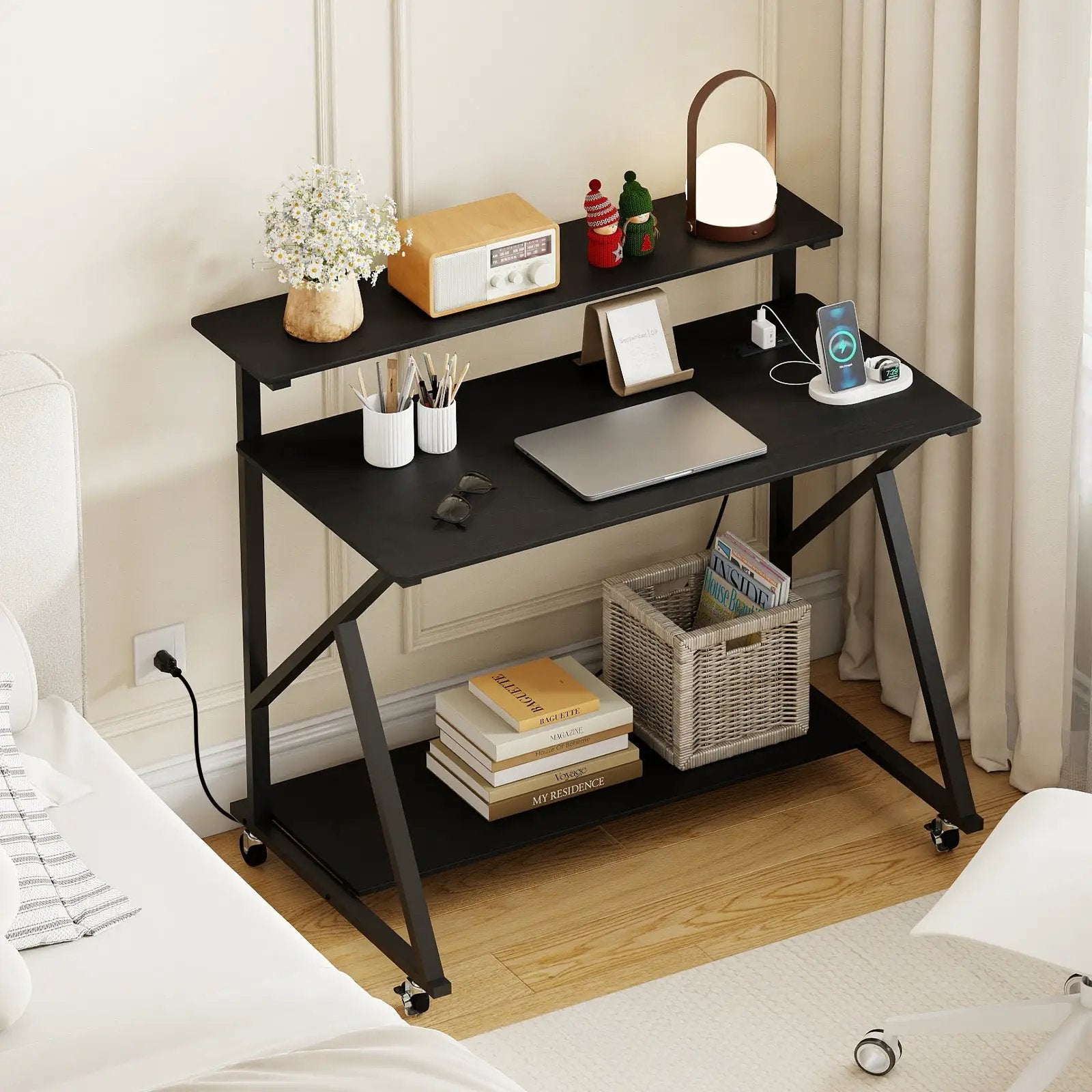 Rolling Computer Desk with Charging Station and Monitor Shelf Storage for Home Office by DirectDeals
