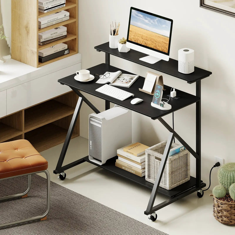 Rolling Computer Desk with Charging Station and Monitor Shelf Storage for Home Office by DirectDeals