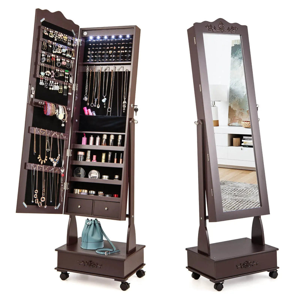 Rolling Floor Standing Mirrored Jewelry Armoire with Lock and Drawers, photo 4 of 10