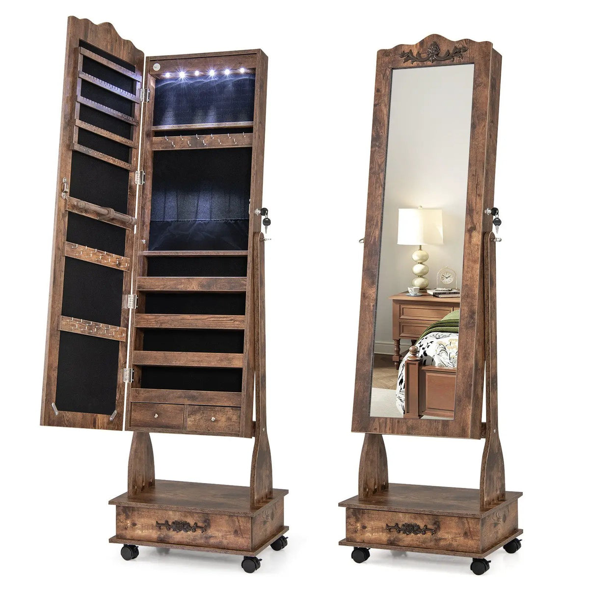 Rolling Floor Standing Mirrored Jewelry Armoire with Lock and Drawers, photo 9 of 10