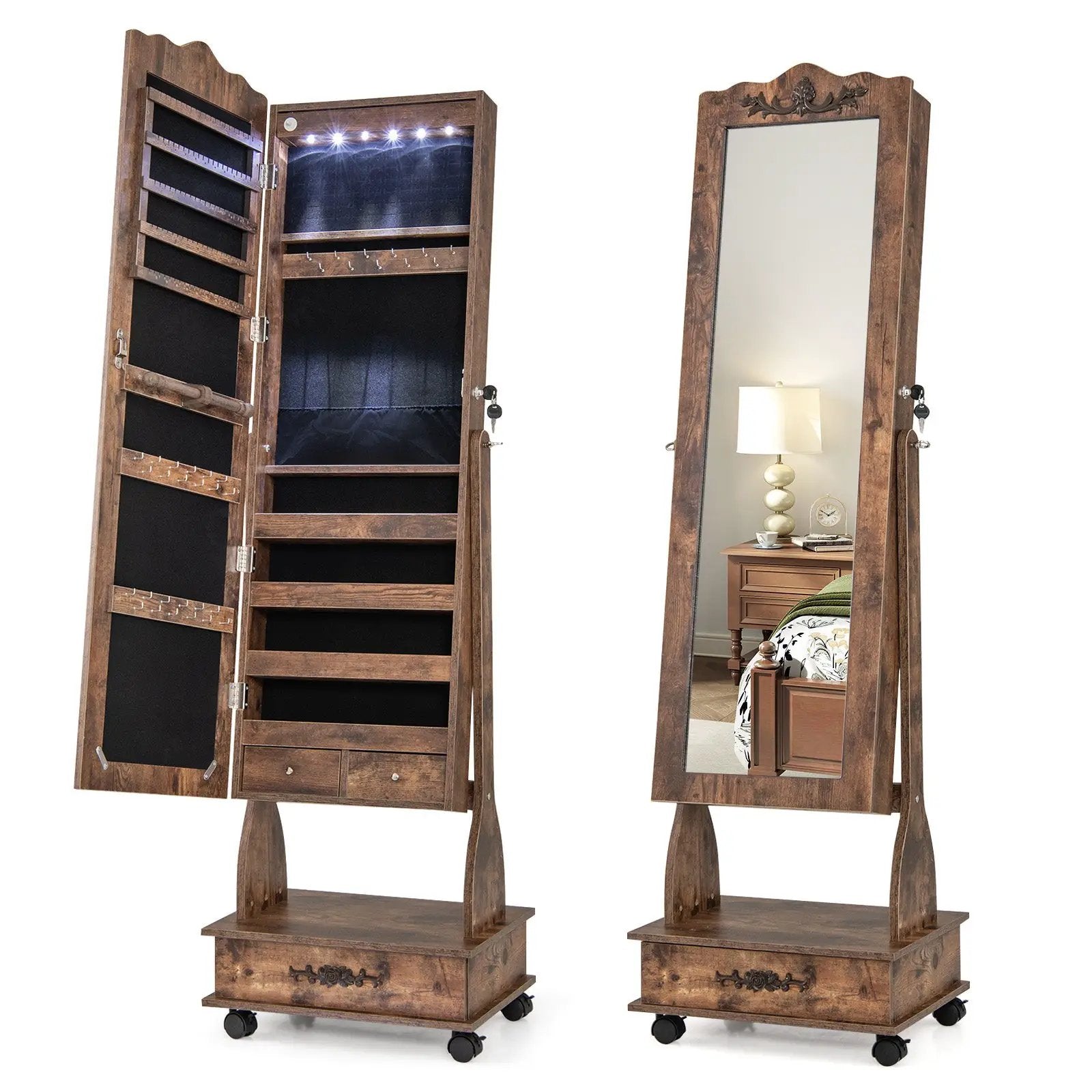 Rolling Floor Standing Mirrored Jewelry Armoire with Lock and Drawers by DirectDeals