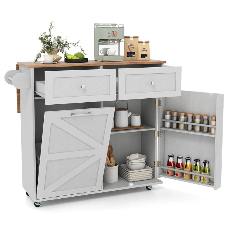Rolling Kitchen Island with Trash Can Cabinet and Rubber Universal Wheels by DirectDeals