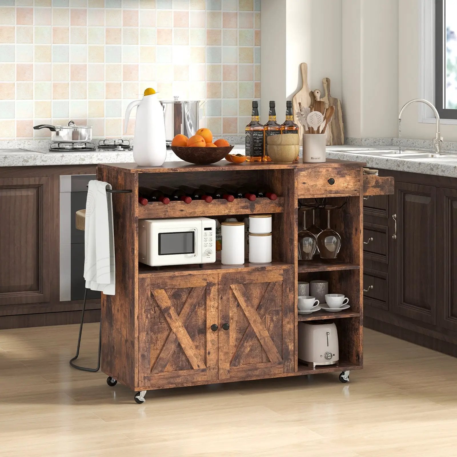 Rolling Kitchen Island Cart with Drop Leaf and Wine Rack-Rustic Brown by DirectDeals