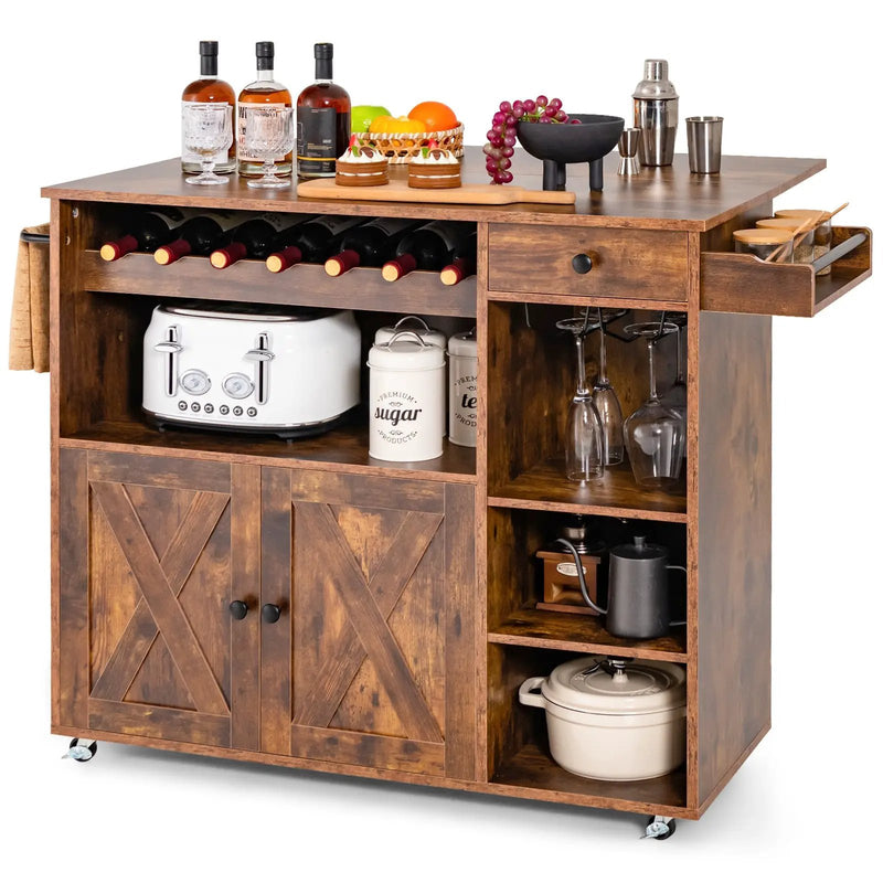 Rolling Kitchen Island Cart with Drop Leaf and Wine Rack-Rustic Brown by DirectDeals
